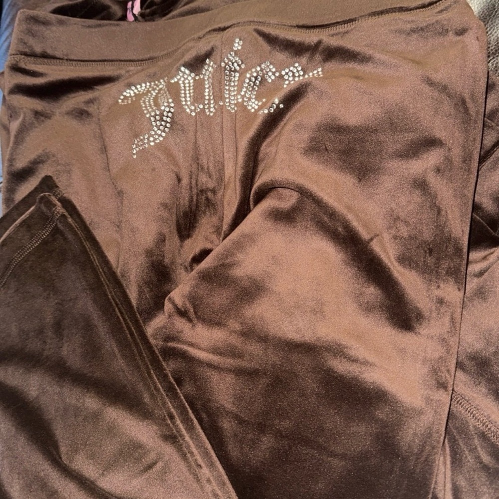 Brown Rhinestone Script Logo Velvet Hoodie Jacket - Picture 2 of 5